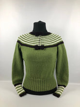 Load image into Gallery viewer, Reproduction 1930s Hand Knitted Jumper in Soft Green with Brown and Cream Stripes B 35" 36" 37"