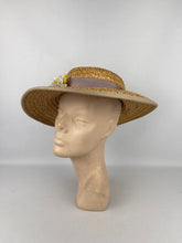 Load image into Gallery viewer, Original 1930's Wide Brimmed Natural Straw Hat with Cluster of Fabric Flowers