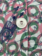 Load image into Gallery viewer, 1940's Reproduction Novelty Print Blouse with Clocks and Clock Hands with White Buttons Made From an Original 1940's Feed Sack - Bust 34"