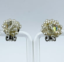 Load image into Gallery viewer, Vintage Faux Pearl and Faceted Glass Aurora Borealis Clip-on Earrings