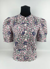 Load image into Gallery viewer, 1940's Reproduction Novelty Print Blouse with Clocks and Clock Hands with White Buttons Made From an Original 1940's Feed Sack - Bust 34"