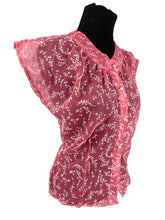 Load image into Gallery viewer, Original 1950's Pink Nylon Blouse with Floral Flock Print and Faux Pearl Glass Buttons - Bust 36 38