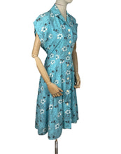 Load image into Gallery viewer, Original Volup 1950's Turquoise Blue Summer Dress with White and Black Floral Print - Bust 38 40 *