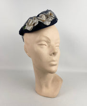 Load image into Gallery viewer, Original 1940's Blue Felt Topper Hat with Net and White Floral Trim *