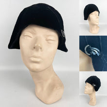 Load image into Gallery viewer, Original 1920s Black Cotton Velvet Cloche with Celluloid and Paste Hat Flash