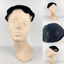 Load image into Gallery viewer, Original 1950s Black Felt Beaded Hat with Paste Decoration