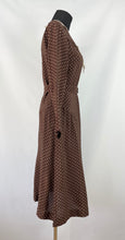 Load image into Gallery viewer, Original 1930s Brown and Cream Crepe Belted Polka Dot Dress with Lace and Chiffon Collar - Bust 34 35