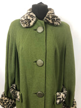 Load image into Gallery viewer, 1950s Green Wool Coat with Faux Fur Leopard Print Trim 38 40 42