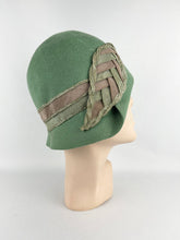 Load image into Gallery viewer, Original 1920s Soft Green Felt Cloche Hat with Wonderful Green and Pink Applique