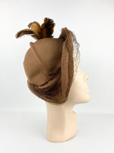 Load image into Gallery viewer, Original 1930s Brown Felt Hat with Net and Feather Trim
