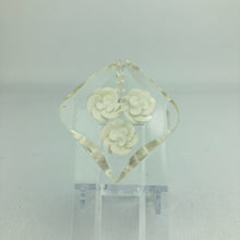 Load image into Gallery viewer, Original 1940s 1950s Reverse Carved Lucite Brooch with Curved Edge and Triple Rose Carving