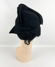 Load image into Gallery viewer, Original 1940's Inky Black Felt Hat with Fabulous Shaping and Net Trim