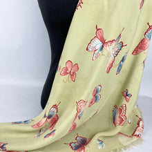 Load image into Gallery viewer, Original 1940's 1950's Pistachio Green Artificial Silk Scarf with Flowers and Butterflies