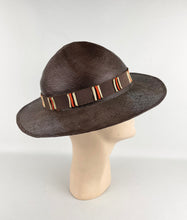 Load image into Gallery viewer, Original 1930s American Made Fine Brown Straw Summer Hat with Cream, Brown and Rust Grosgrain Trim *