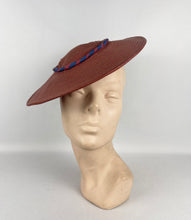 Load image into Gallery viewer, Original Late 1930's or Early 1940's Terracotta Coloured Straw Hat with Air Force Blue Bow Trim *
