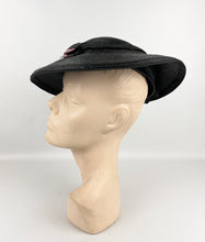 Load image into Gallery viewer, Original Late 1930's or Early 1940's Black Lacquered Straw Hat with Pink Grosgrain Trim
