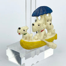 Load image into Gallery viewer, Original 1940's Brooch Featuring a Trio of Scottie Dogs in a Yellow Boat with a Blue Umbrella