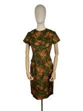 Load image into Gallery viewer, Original 1950's Fine Silk Dress in Green and Brown Autumnal Print - Stylish Piece - Bust 35 36