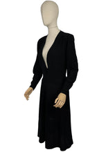 Load image into Gallery viewer, Original Late 1930's Inky Black Wool Dress with Zip Sleeves and Plunging Neckline by Dorothy's of Tulsa - Bust 40 42