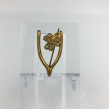 Load image into Gallery viewer, Vintage Lucky Wishbone and Clover Brooch in Gold Metal and Clear Paste