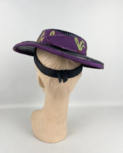 Load image into Gallery viewer, Original 1940's Indigo Blue Lacquered Straw Hat with Purple Trim and Applique Dogs