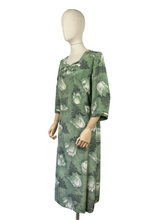 Load image into Gallery viewer, Original Volup 1930s Green Silk Crepe Dress with Black and White Bold Floral Print - Bust 40 42