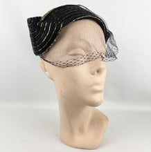 Load image into Gallery viewer, Fabulous Original 1950's Black Straw Cocktail Hat with Gold Trim and Net - Perfect Evening Hat