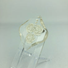 Load image into Gallery viewer, Original 1940s 1950s Reverse Carved Lucite Brooch with Curved Edge and Triple Rose Carving