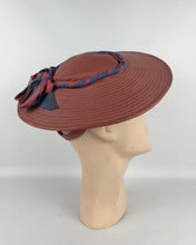 Load image into Gallery viewer, Original Late 1930's or Early 1940's Terracotta Coloured Straw Hat with Air Force Blue Bow Trim *