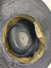 Load image into Gallery viewer, Original 1940's Dark Blue Lacquered Straw Hat with Net Covered Flower Trim by Peter Robinson *