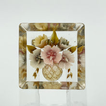 Load image into Gallery viewer, Original 1940s 1950s Reverse Carved Square Shaped Lucite Brooch with a Cluster Flowers in a Vase