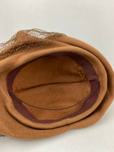 Load image into Gallery viewer, Original 1930s Brown Felt Hat with Net and Feather Trim