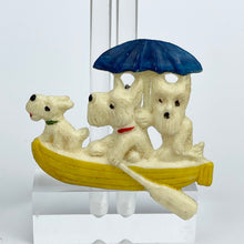 Load image into Gallery viewer, Original 1940's Brooch Featuring a Trio of Scottie Dogs in a Yellow Boat with a Blue Umbrella