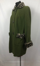 Load image into Gallery viewer, 1950s Green Wool Coat with Faux Fur Leopard Print Trim 38 40 42
