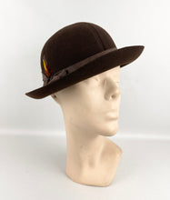Load image into Gallery viewer, Original 1930's Little Bunty Chocolate Brown Felt Hat with Feather and Grosgrain Trim