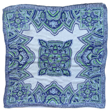 Load image into Gallery viewer, Original 1940's or 1950's Pure Silk Hankie in Green and Blue Celtic Design on White - Great Gift Idea