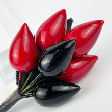 Load image into Gallery viewer, Vintage 1940's Black and Red Lacquered Brooch with Fabric Leaves
