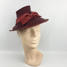 Load image into Gallery viewer, Original Late 1930s Burgundy Straw Hat with Large Grosgrain Bow Trim
