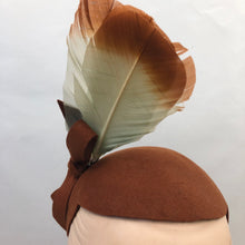 Load image into Gallery viewer, 1930s Chestnut Felt Hat with Matching Hat Pins and Huge Double Feather Trim