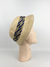 Load image into Gallery viewer, Original 1930s Panana Straw Hat with Striped Band Trim