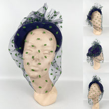 Load image into Gallery viewer, Original 1950s Purple Felt Hat with Green and Purple Net - Charming French Made Piece
