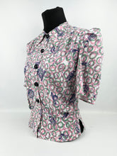 Load image into Gallery viewer, 1940's Reproduction Novelty Print Blouse with Clocks and Clock Hands Made From an Original 1940's Feed Sack - B34 35