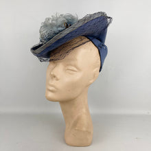 Load image into Gallery viewer, Original 1940's Lavender Blue Felt Tilt Hat with Fluffy Feather and Net Trim - Divine Piece