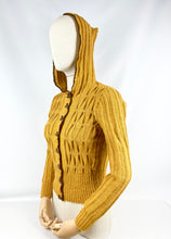Load image into Gallery viewer, 1930's Reproduction Hand Knitted Long Sleeved Hooded Cardigan in Mustard Alpaca Wool With Novelty Hat Buttons - Bust 34 35
