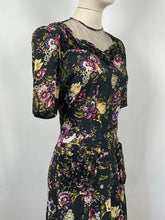 Load image into Gallery viewer, Original 1940s Black Floral Dress with Sweetheart Net Covered Neckline - Bust 36 38