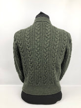 Load image into Gallery viewer, Reproduction 1930s Green Cable Knit Cardigan with Bow Neck Tie - B35 38