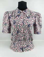 Load image into Gallery viewer, 1940's Reproduction Novelty Print Blouse with Clocks and Clock Hands with Spherical Pink Buttons Made From an Original 1940's Feed Sack - Bust 34"