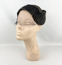 Load image into Gallery viewer, Fabulous Original 1950's Black Straw Cocktail Hat with Gold Trim and Net - Perfect Evening Hat