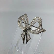 Load image into Gallery viewer, Vintage Sterling Silver Filigree Bow Brooch Set with Cut Steel