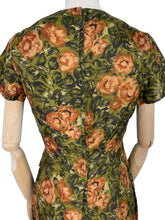 Load image into Gallery viewer, Original 1950's Fine Silk Dress in Green and Brown Autumnal Print - Stylish Piece - Bust 35 36